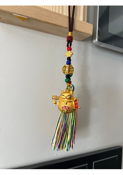 Feng Shui Bereket Ve Şans Kedisi Asılabilir Dekor /maneki Neko Gold Püsküllü Araba Aynası Süsü 1 Adet