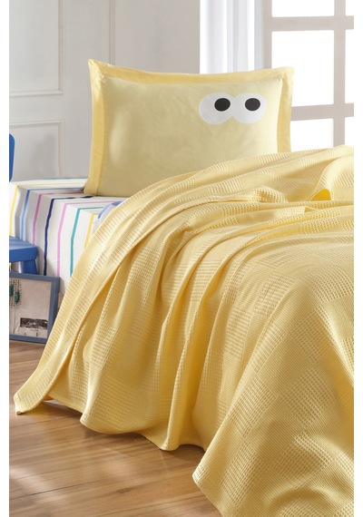 Eponj Home Lastikli Çarşaflı Pike Takımı Tek Kişilik %100 Pamuk 3 Parça Funny Desenli Sarı Weave Serisi Sarı