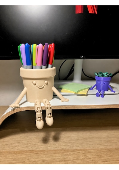 3d Baskı Hareketli Gülen Kalemlik - Eklemli Masaüstü Organizer - Bej Çok Renkli