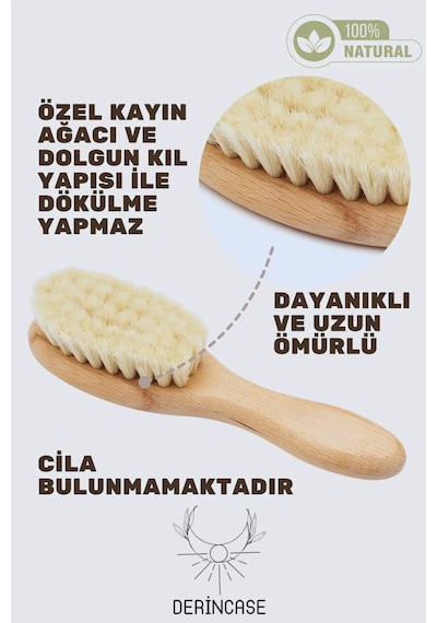 %100 Keçi Kılı Bebek Saç Fırçası ve Bebek Şimşir Tarak 2'li Set + Bez Kese Hediyeli