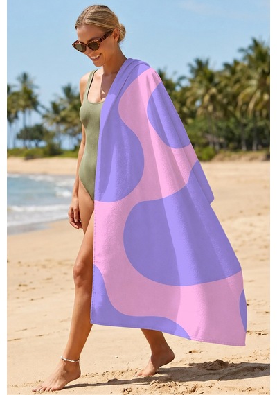 Modern Soyut Geometrik Plaj Havlusu - Minimalist Lila Pembe Dalgalı Hızlı Kuruyan Mikrofiber Havlu Mat İncir