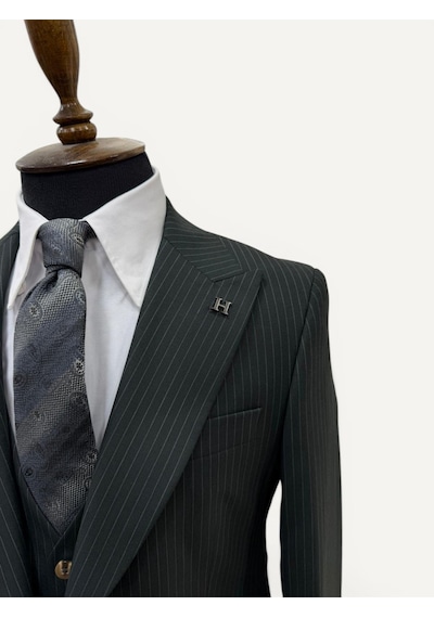 Hermose Sartorial Zümrüt Yeşili Çizgili Yelekli Takım Elbise Yeşil