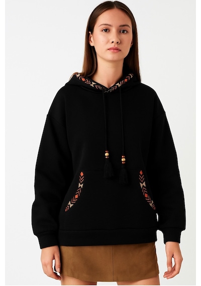 Bigdart Kadın Oversize Kapşonlu Şardonlu Nakışlı Üç İplik Siyah Kadın Sweatshirt SiYAH