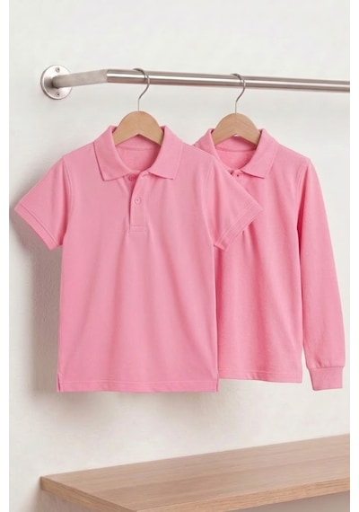 Nacar Store Unisex Çocuk Uzun Ve Kısa Kollu Polo Yaka Okul Tişörtü 2'li Set Pembe