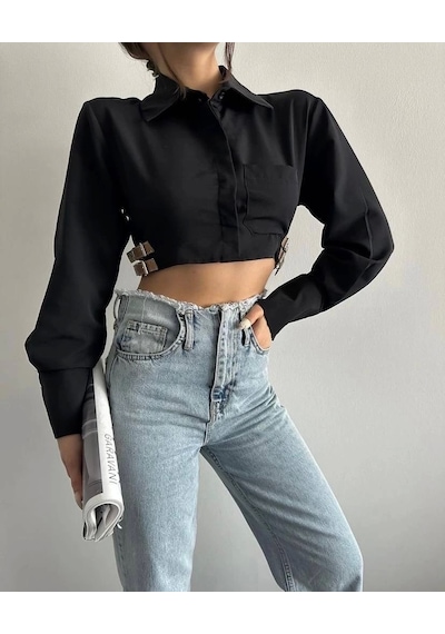 Defymoda Yanı Kemer Detaylı Crop Gömlek Siyah S4009 Siyah