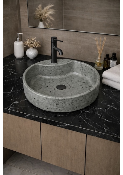 Mermer Desenli Tezgah Üstü Yuvarlak Çanak Taş Lavabo 45 Cm Musluk Delikli Gri