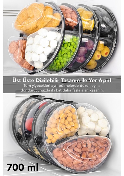 8 Adet Yuvarlak 3 Bölmeli Saklama Kabı - Mikrodalga Ve Difrize Uygun Buzdolabı Organizer Difriz Kabı Şeffaf