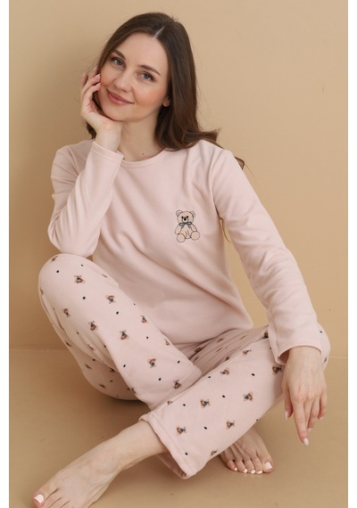 Wordex Mırano 3107 Waffle Soft Kumaş Ayıcık Desenli Kışlık Ev Kadın Pijama Takımı Bej