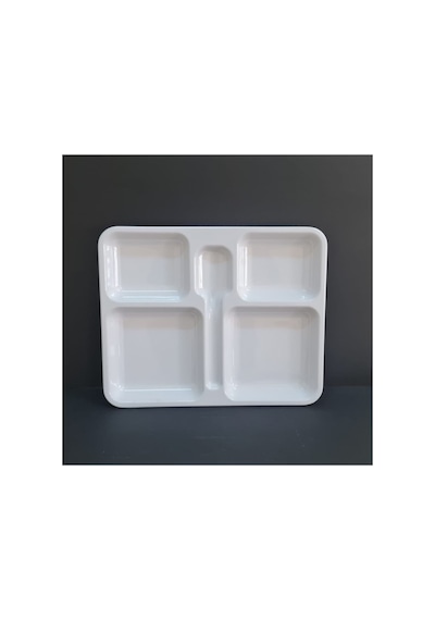 12 Adet %100 Kırılmaz Melamin 5 Bölmeli Tabldot Yemek Servis Tabağı - 34x28 Cm Beyaz Beyaz