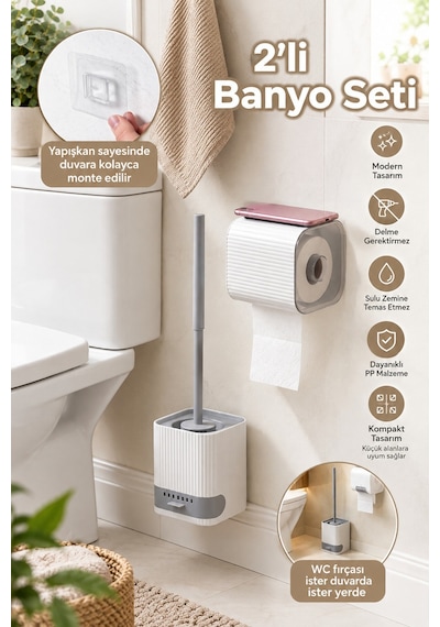 Porsima 2li Banyo Seti Yapışkanlı Banyo Tuvalet Kağıtlığı Tuvalet Fırçası Peçetelik Tuvalet Fırçalığı Beyaz Gri Beyaz - Gri