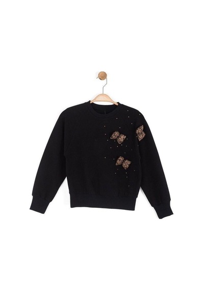 Kız Çocuk Leopar Fiyonk Detaylı Sweatshirt-16132 Siyah