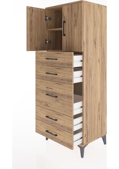 Hyperion Dolap 2 Raflı 5 Çekmeceli 2 Kapaklı 60x44x163 Çam-çam Çam