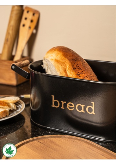 Ahşap Kapaklı Ahşap Kulplu Metal Ekmeklik Bread Baskılı - Siyah Siyah