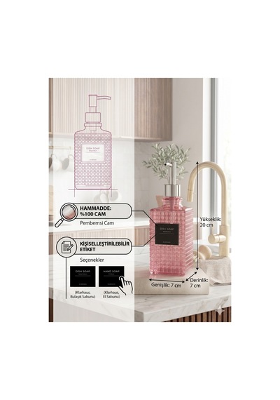 Premium Kare Desenli Silver Pompalı Cam Sıvı Sabunluk 500ml - 23 X 7 X 7 Cm Pembe