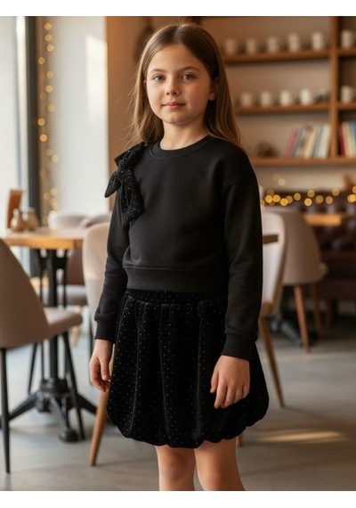 Zekids Kız Çocuk Yumuşak Dokulu Büyük Fiyonk Detaylı Işıltılı Etekli Takım-16437 Siyah