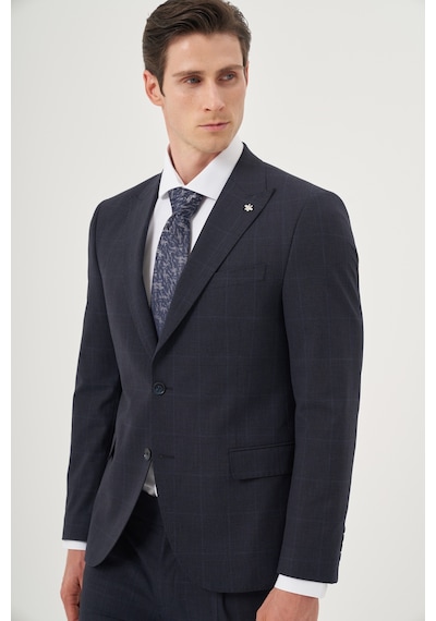 Morven Erkek Lacivert Yünlü Trend Ekoseli Slim Fit Sivri Yaka Takım Elbise 26mc001013200 Lacivert