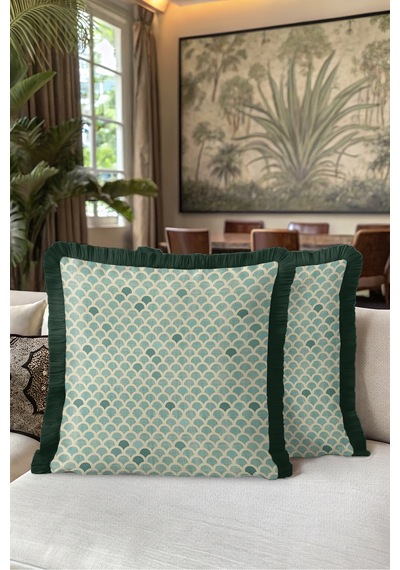 Art Deco Deniz Kabuğu Motifli Saçaklı Yastık Kılıfı - Geometrik Mint Krem Püsküllü Kırlent Kılıfı Bordo