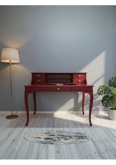 Crown Fransız Still Raflı Ahşap Çalışma Masası 80x125 Bordo