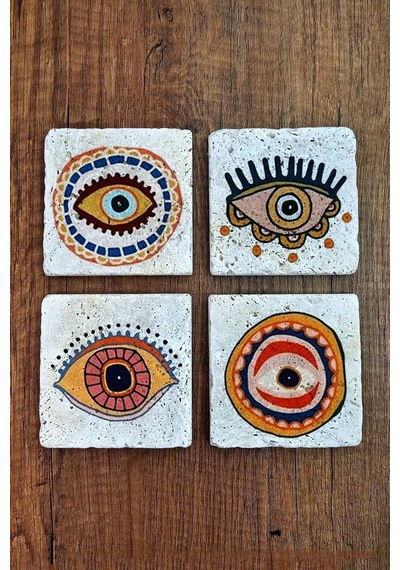 Doğal Taş Bardak Altlığı 4'lü Set - Nazarlık- Nazar Göz Baskılı Stone Coasters Çok Renkli