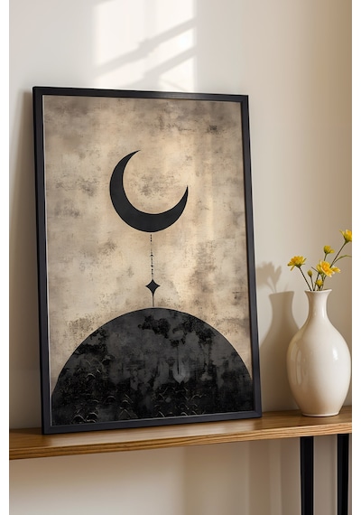 Modern Minimalist Hilal Ve Yıldız Çerçeveli Tablo - Ramazan Özel Seri Eskitme Dokulu Duvar Dekoru Siyah Modern Minimalist Hilal Ve Yıldız Çerçeveli Tablo - Ramazan Özel Seri Eskitme Dokulu Duvar Dekoru Siyah