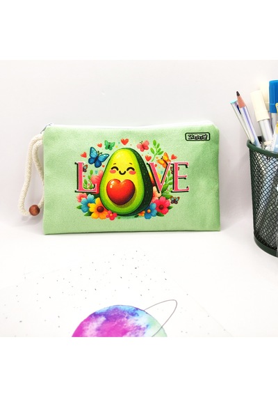 Love Avokado Çiçekli Desenli Kalem Kutusu Yıkanabilir Bez Kalemlik