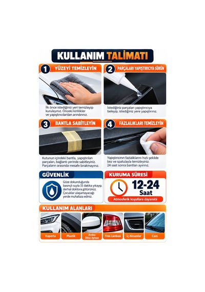 30 Gr Araba Yapıştırıcısı Plastik Kaporta Dikiz Aynası Cam Fren Lambası Yapıştırıcı