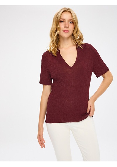 Faik Sönmez Polo Yaka Taş Detaylı Kısa Kol Triko Bluz W27trb016 Uw27trb01640 Bordo