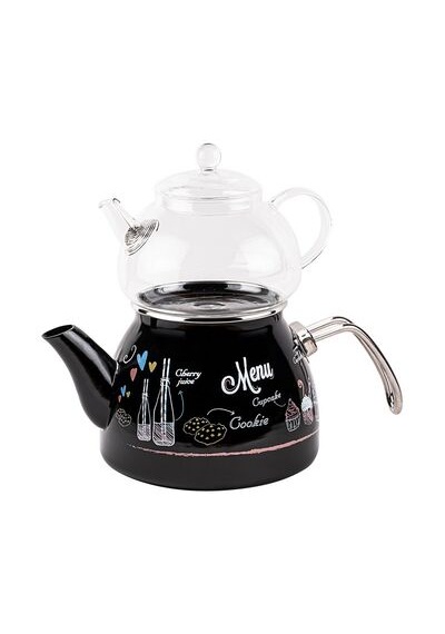 Tantitoni Love Menu Cam Demlikli Emaye Çaydanlık Takımı 980ml/220 Renkli