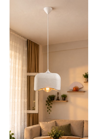 Beton Görünümlü Tekli Kare Sarkıt Avize Modern Bohem Salon Mutfak G95 Rustik Led Ampul Hediyeli Beyaz