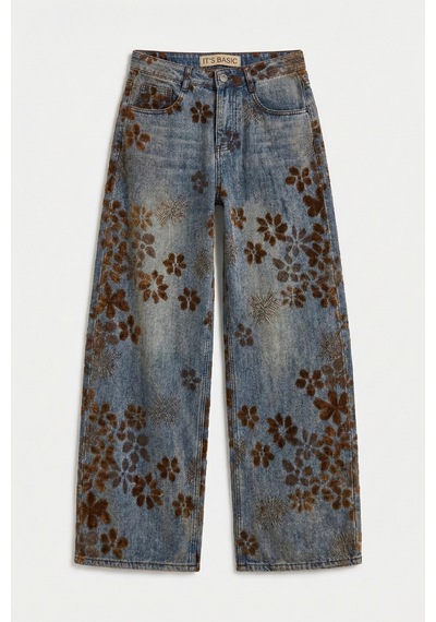 Itsbasic Kadın T.kot Rengi S5-8 Özel Flok Desenli Skater Fit Tasarım Denim Jean Kırmızı