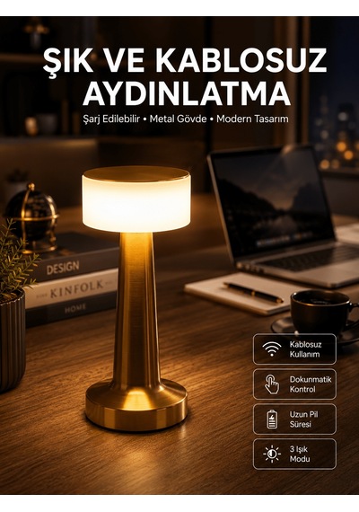 Altın Rengi Masa Ve Gece Lambası Dokunmatik Şarjlı Masa Lambası Siyah 83190283