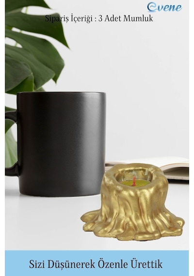 Mumluk Şamdan 3 Adet Tealight Uyumlu Üçlü Tüm Boylar Erimiş Mum Model - Altın