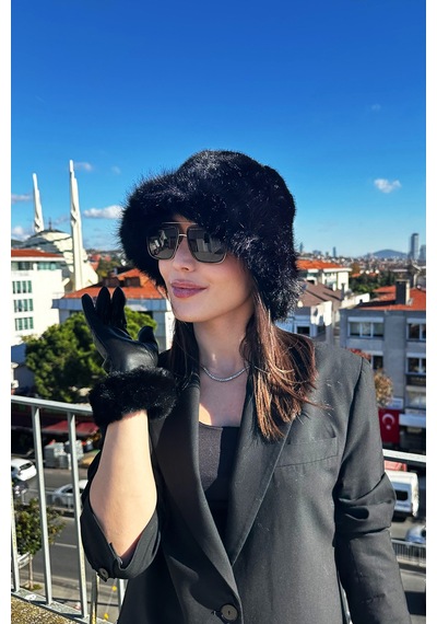 Mollycrush Kadın Siyah Kürk Bucket Şapka Ve Eldiven Trend Kışlık Set Siyah