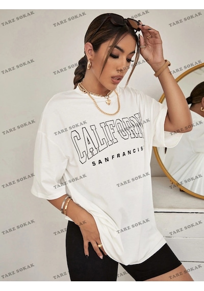 Startmore Unisex Bay Harf Grafikli Düşük Omuzlu Tişört Kod-1309 Beyaz