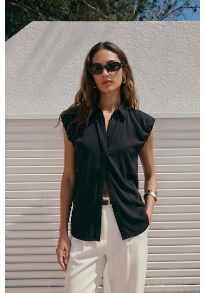 Sateen Kol Detaylı Gömlek - Siyah-137575