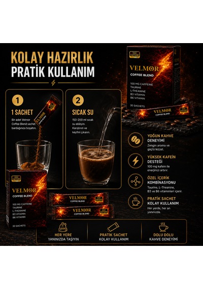 Velmor Coffee Blend Yüksek Kafeinli Kahve Karışımı Taurine, L-theanine Ve Vitamin Destekli 30 Sachet Granül