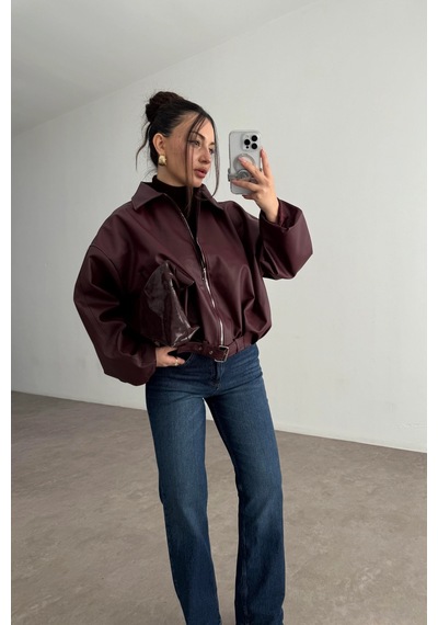 Pop Story Kadın Oversize Bomber Premium Deri Ceket Kemerli Bordo Bordo