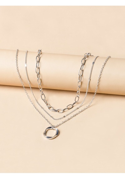 Gümüş Renk Bükümlü Yuvarlak Charm Katmanlı Kolye Gümüş