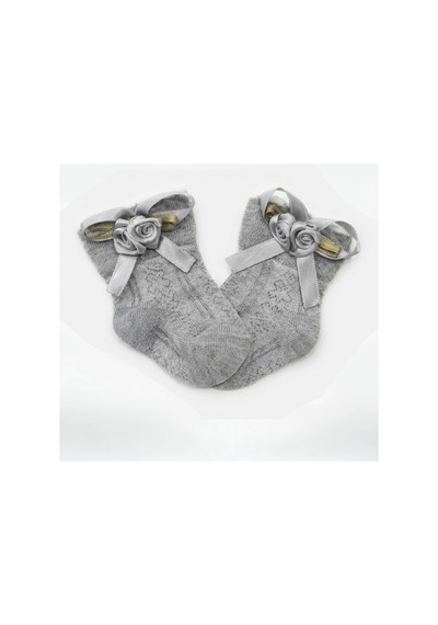 Cocole Socks Kız Çocuk Aksesuarlı Soket Çorabı Tekli Pamuklu Güllü Gri Desenli
