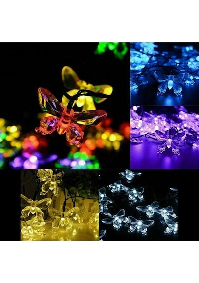 30 Led 4 Metre Güneş Enerjili Kelebek Renkli 8 Mod Led Bahçe Tera