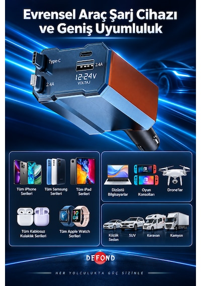 Usb C Typec Araç Şarj Aleti,4'ü 1 Arada Hızlı Şarz Araç 66w Araç Usb Şarj Cihaz Samsung Apple 120w