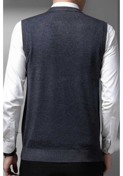 Tezzgelsin Erkek V Yaka Triko Tüylenmez Süveter Erkek Slim Fit Süveter Koyu Füme