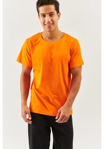 Erkek Oversize Rahat %100 Pamuklu Penye Bisiklet Yaka Kısa Kol Basic T-shirt Turuncu