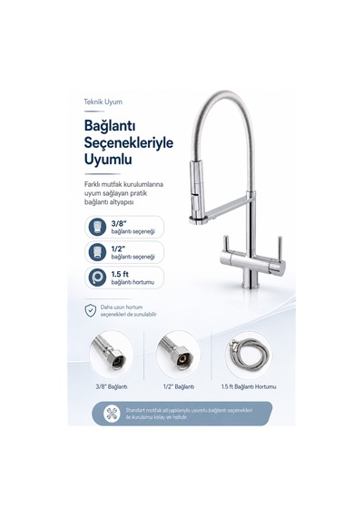 Likuan 3 Yollu Spiralli Krom Mutfak Bataryası Arıtmalı Çekmeli Evye Musluğu Nkd52n12cp Gümüş