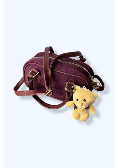 Süet Mini El Çantası, Bordo Renk, Kahverengi Saplı, Peluş Ayıcık Aksesuarlı Bordo