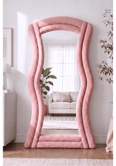 Lusso Pembe Renk Kumaş Kaplamalı Dalgalı Kavisli Ayaklı Boy Aynası 182x87 Cm
