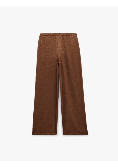 Koton Beli Bağcıklı Yüksek Bel Geniş Paça Saten Pantolon Kahverengi 7wak40024uw Kahve