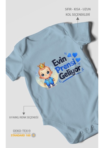 Morivokids Evin Prensi Geliyor Kısa Kollu Bebek Body %100 Pamuk Bebe Mavisi