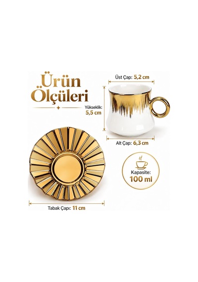 6 Kişilik 12 Parça Türk Kahvesi Fincan Seti 100 Ml Beyaz Gold Detaylı Porselen Çok Renkli