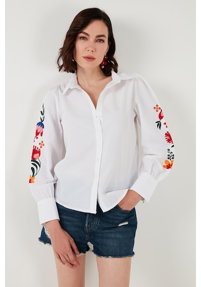 Lela Pamuklu Balon Kollu Regular Fit Çiçek Nakışlı Bayan Gömlek 611Go003 Beyaz